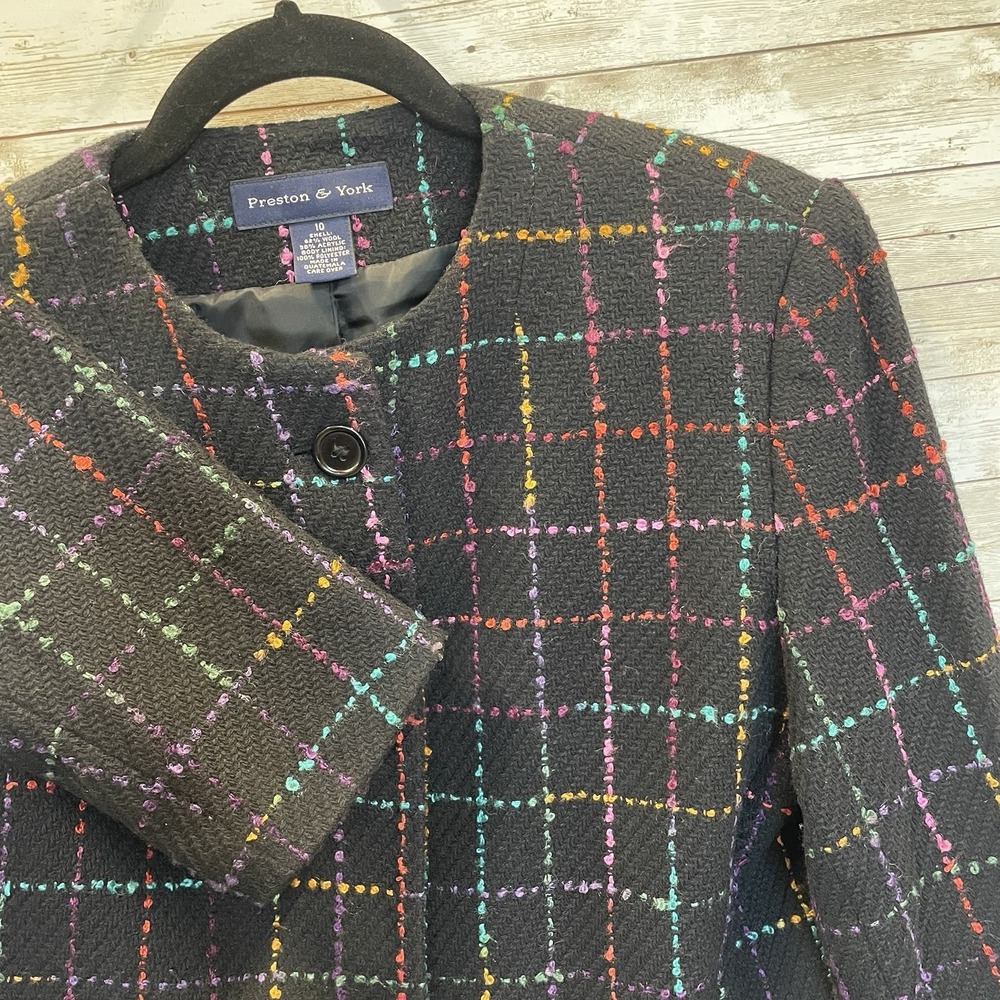Preston & York Womens 10 Blazer Tweed Black & Pastel Plaid Button Up Wool Blend